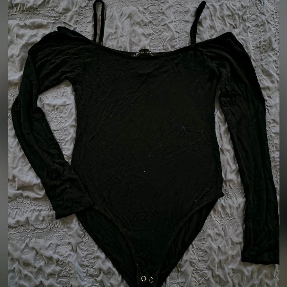 Black off the shoulder bodysuit with spaghetti straps